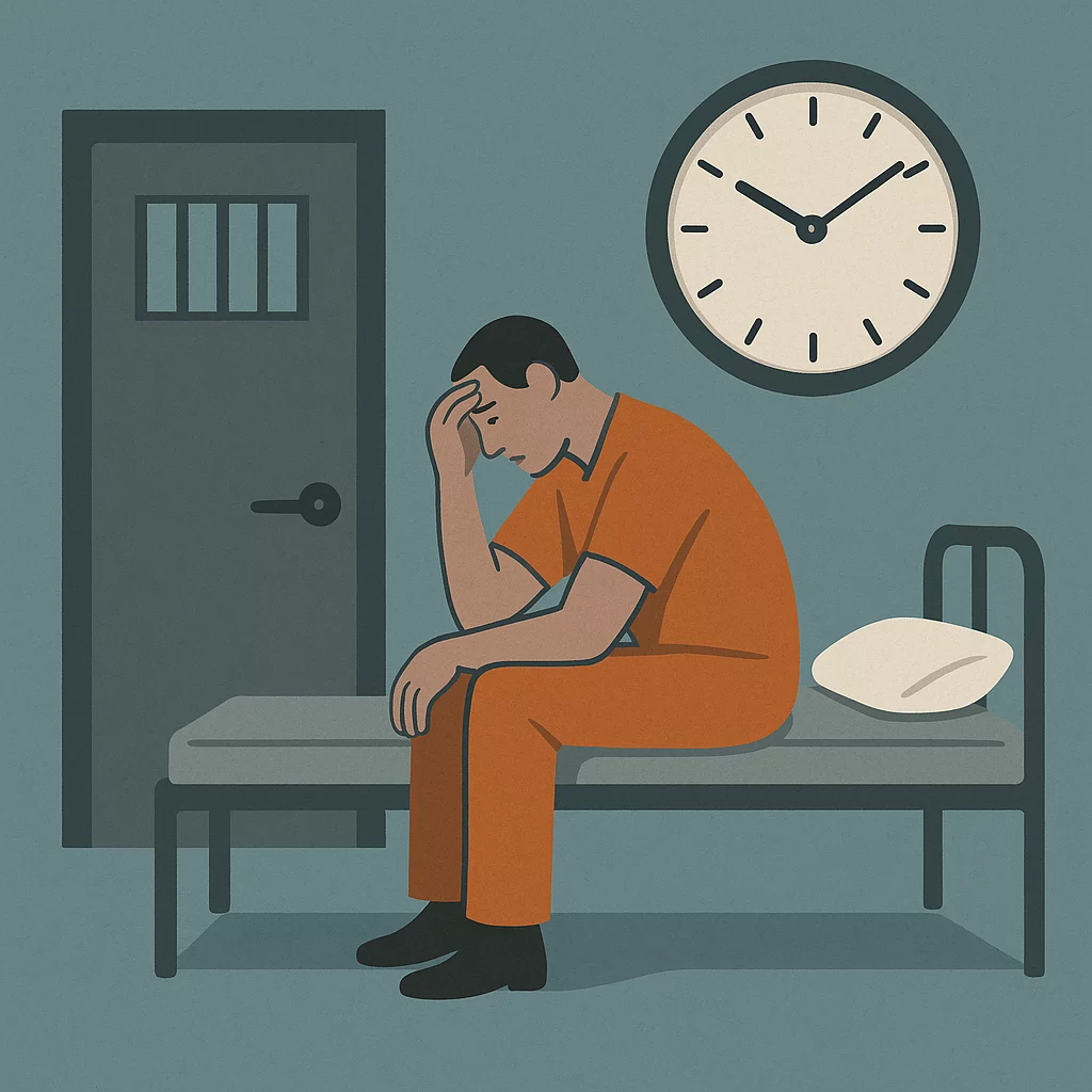 Prisoners rights - Man in prison on bed holding his head