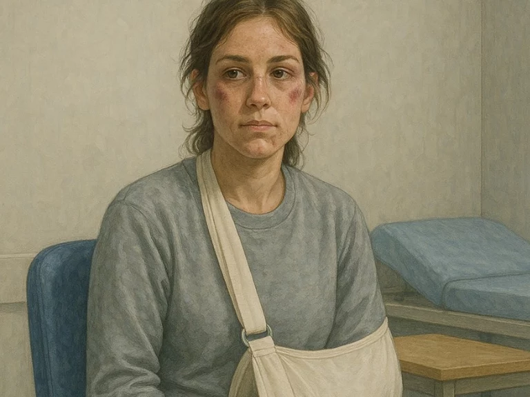A woman battered and bruised showing violence in women's prisons